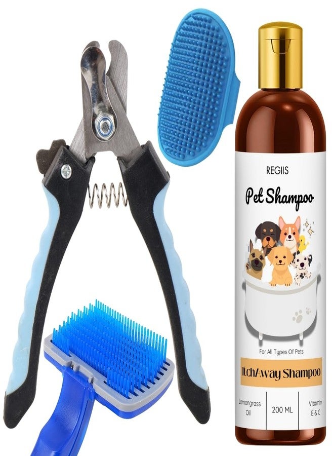 REGIIS Pet Grooming Kit with Nail Clippers, Brush Set and Itch Away Shampoo, 200ml Lemongrass Oil Formula for Dogs and Cats(pack of 4) - Image 1